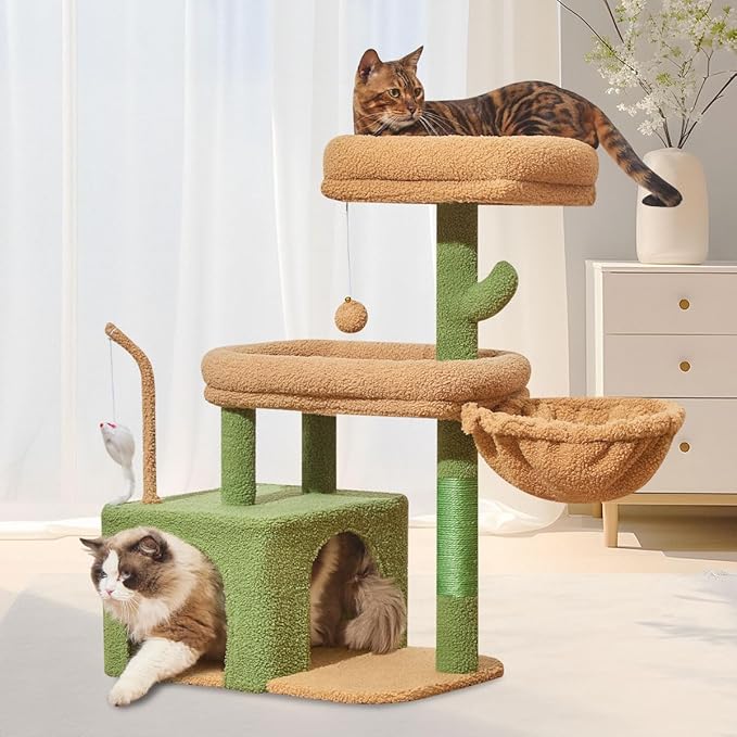 Taoqimiao MS043T Cat Tree, 32.2-Inch Cat Tower for Indoors Cats, Cat Condo with Large Cat Perch, Spacious Cat Cave, Scratching Posts for Small and Medium Cats, Cactus