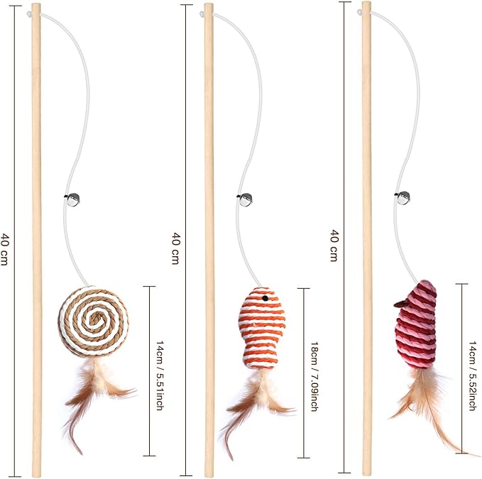Cat Toys for Indoor Cats - 3pcs 16 Inch Natural Wood Teaser Wand With Refills for Kitten Exercise and Play - Bonus 5pcs Catnip Sticks for Teeth Cleaning