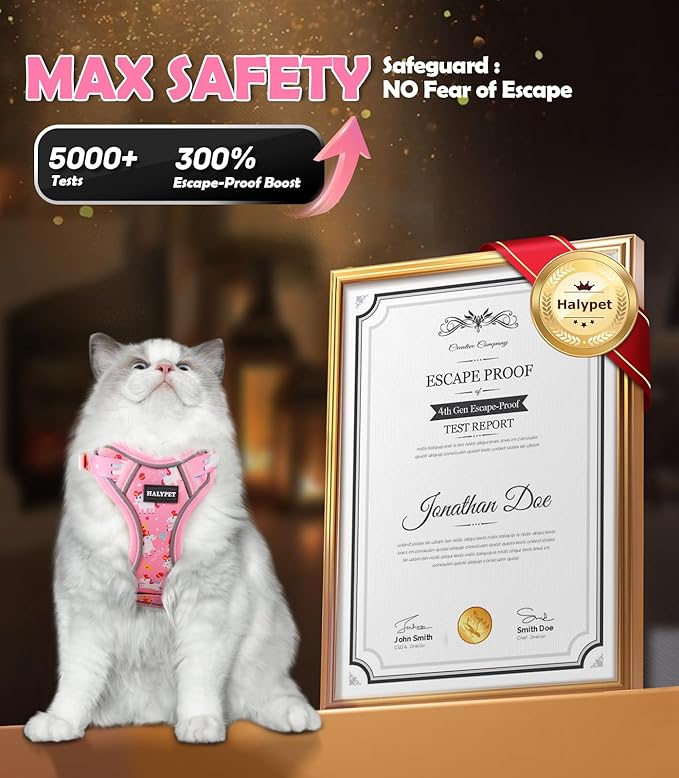 Halypet Cat Harness and Leash Set[MAX Safety 4th-Gen] Cute Escape Proof Vest Harness for Girl&Boy Cat Walking, Comfortable Adjustable Leash and Reflective Strips for Outdoor Kitten, S Pink Unicorn