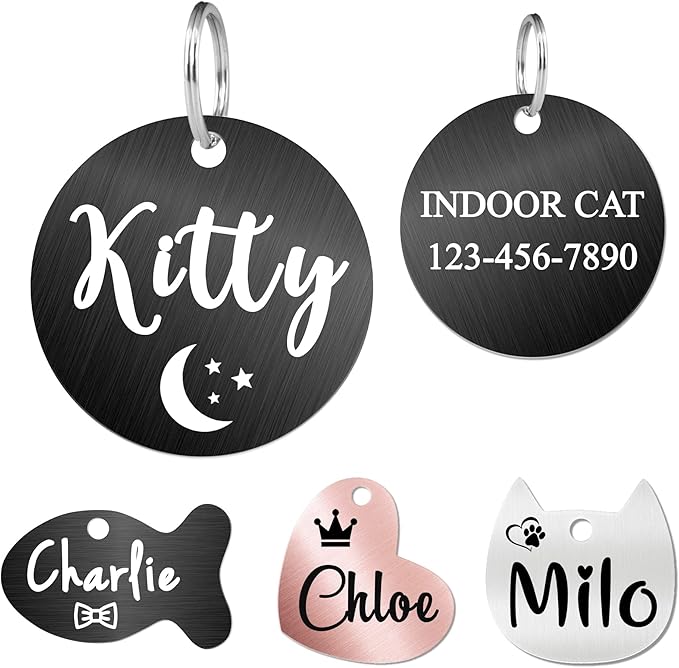 Ultra Joys Cat ID Tag Personalized Pet Tags, Durable Stainless Steel Small Pet Mini Dog Cat Tag Lightweight -Round Tag in Black