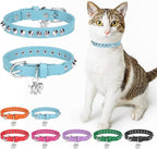 Leather Cat Collars for Boy Girl Cats with Bell and Safety Elastic Belt, Personalized Rivets Stud Adjustable Safe Buckle Collar with Skull Charm for Kitty Small Pets, Light Blue
