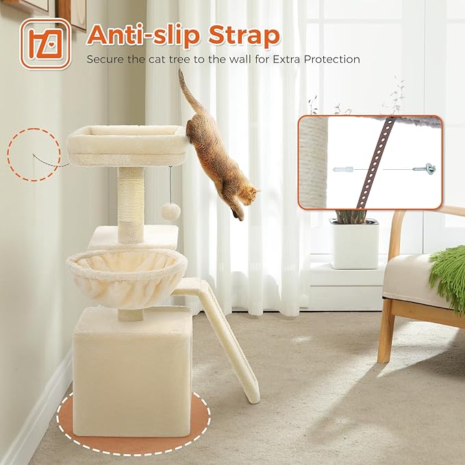 PETEPELA Small Cat Tree for Indoor Cats, 32'' Cute Cat Tower Cat Condo with Sisal Scratching Ramp, Cozy Hammock and Removable Top Bed Perch for Kittens, Beige