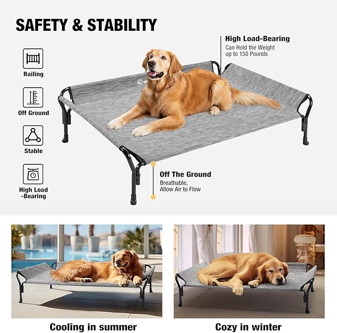 Veehoo Cooling Elevated Dog Bed, Dog Cots for Large Dogs, Raised Dog Bed with Guardrail & Slope Headrest, Durable & Breathable Teslin Mesh, Dog Sofa Bed for Indoor & Outdoor, Large, Black Silver