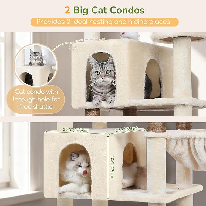 Globlazer Extra Large Cat Tree Tower, 82in Tall Heavy Duty Cat Tree for Indoor Cats Large Adult Big Cat Tower with 8 Scratching Posts, 2 Cat Condos, 2 Top Perches, 3 Hanging Baskets, S82, Beige
