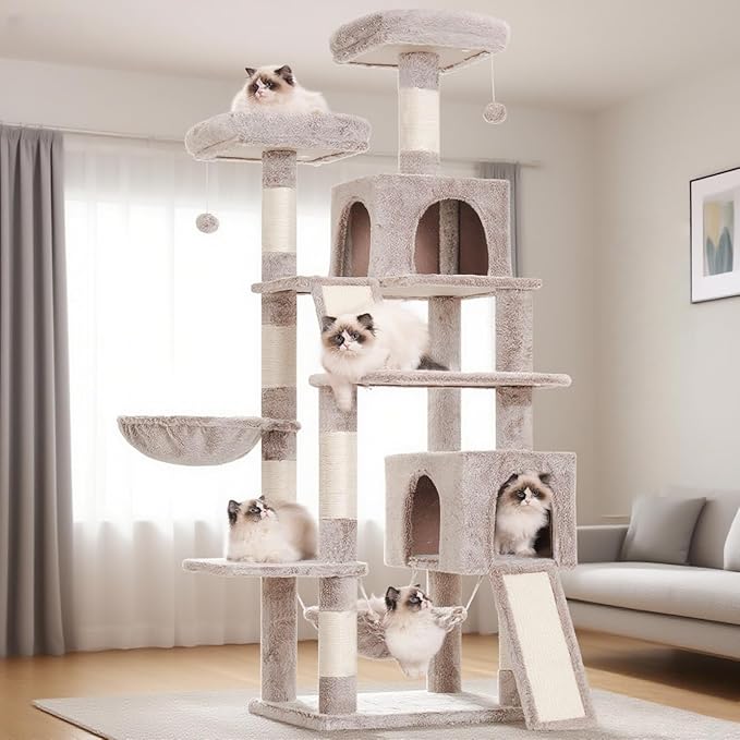 Cat Tree for Indoor Cats, 71'' (180cm) Multi-Level Cat Tower for Large Adult, Sturdy Cat Tree House with 2 Scratching Boards 7 Posts, 2 Plush Perches/Condos, Hammock, Muchroom GCT032MU