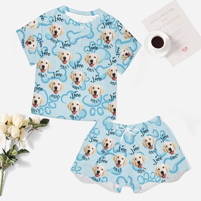 Custom Short Pajamas Set with Face Photo Women‘s Sleepwear Tee Personalized PJ Short Loungewear Set fot Her