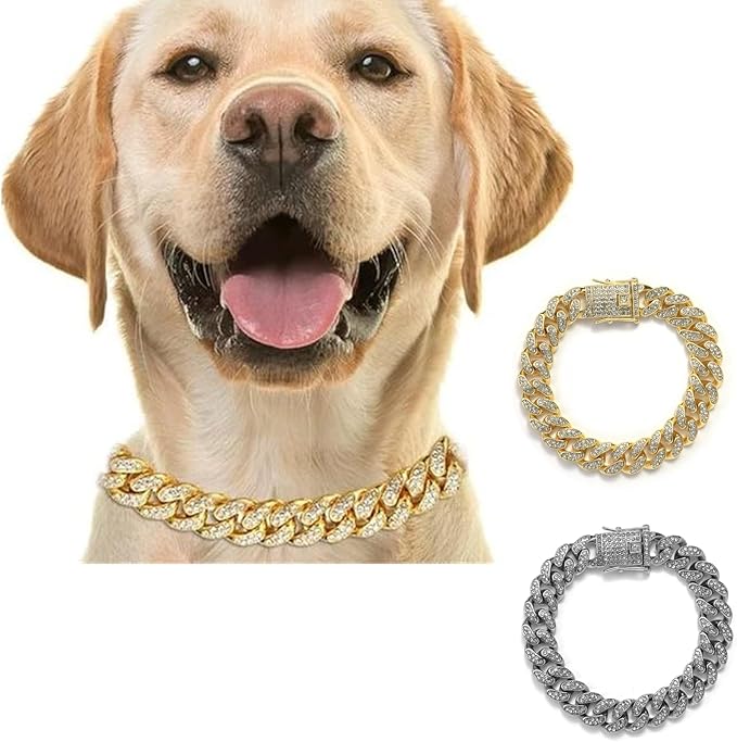 2 Pcs Diamond Cuban Link Kitten Walking Collar with Secure Buckle Pet Rhinestones Necklace Metal Chain Jewelry Accessories for Cats Dogs Kittens Puppies, Gold and Slivery (11inch)