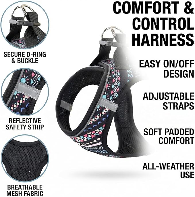 Step in Dog Harness and Leash Set, Reflective Adjustable No Pull Dog Harness for Small Medium Dogs Puppy and Cats, Soft Padded Mesh Vest Harnesses for Girl and Boy Pets(Black Bohemia,L)