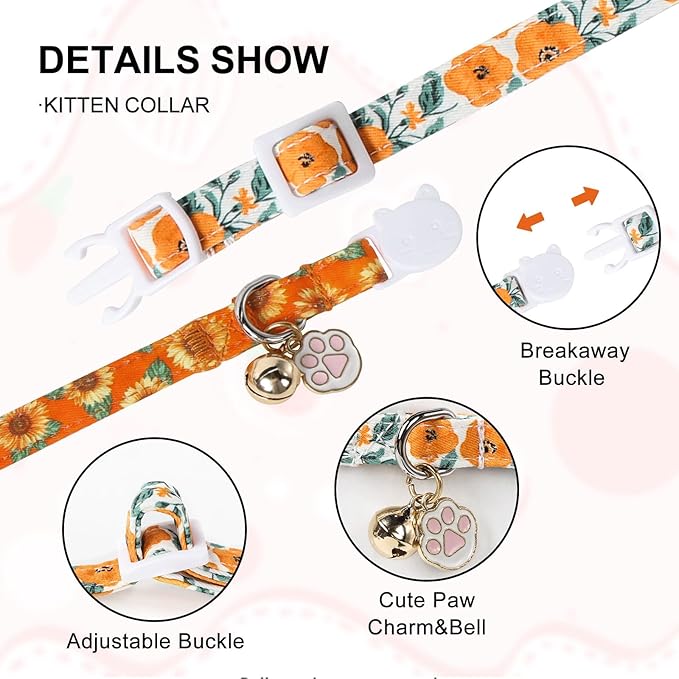 Unique Style Paws Fall Kitten Collar,2 Pack Orange Cat Collar with Sunflower Pattern,Breakaway Cat Collar with Bell,Cute Paw Pendant,Ideal Gift for Boy Girl Cats,Pet Supplies Accessories