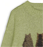 WDIRARA Women's Cat Graphic Sweater Long Sleeve Crew Neck Knit Tops Casual Knitwear