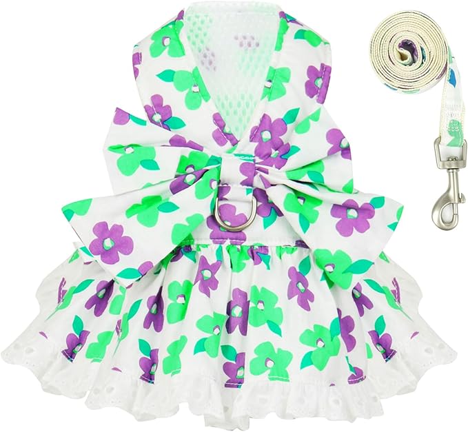 Dog Harness Dress Leash Set for Small Dog Summer Clothes Girl Female Puppy Cats Outfits Cute Floral Bowknot Princess Birthday Dress for Extra Small Pet Doggie Kitten Outfits Apparel(Green,L)