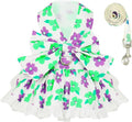 Dog Harness Dress Leash Set for Small Dog Summer Clothes Girl Female Puppy Cats Outfits Cute Floral Bowknot Princess Birthday Dress for Extra Small Pet Doggie Kitten Outfits Apparel(Green,L)