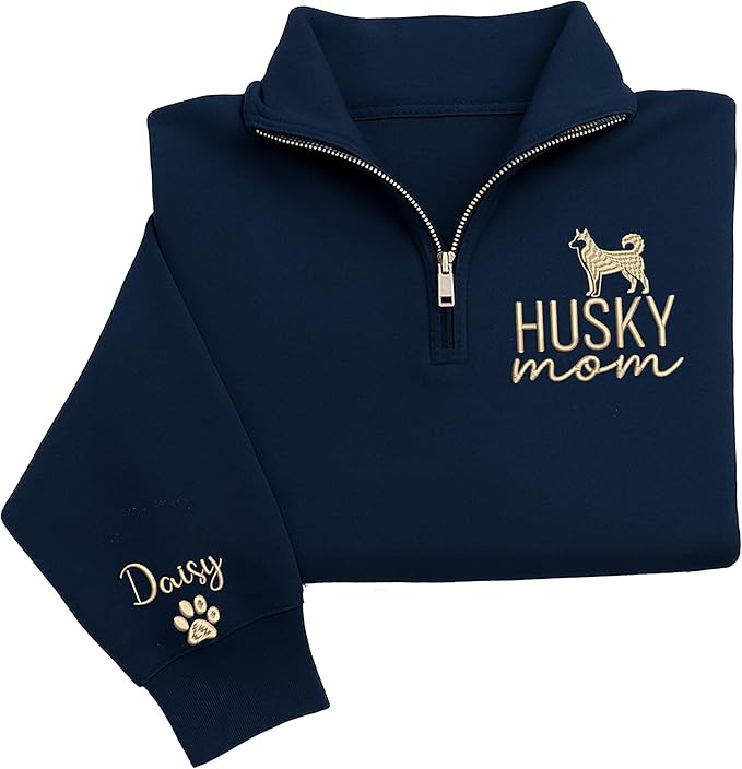 Personalized Husky Quarter Zip Sweatshirt – Custom Husky Dog Mom Hoodie – Embroidered Pet Lover Shirt – Dog Owner Gift