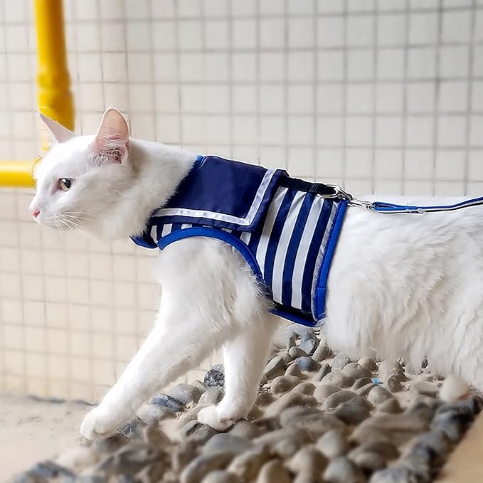 Cat Harness and Leash for Walking Escape Proof, Adjustable Cat Vest Harness, Padded Stylish Cat Walking Jackets, Sailor Suit Navy, Extra Large