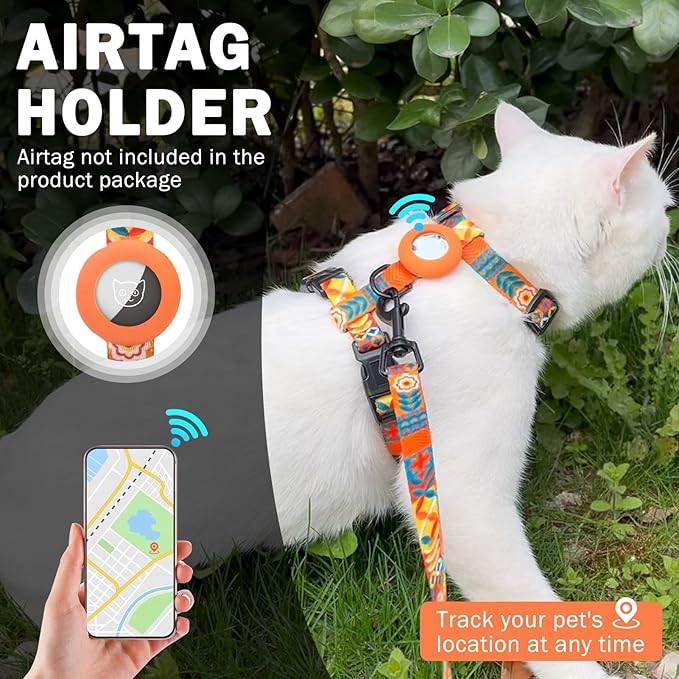 SCENEREAL Cat Harness and Leash Set Escape Proof with Airtag Holder, Adjustable Kitten Big Cats Vest Harness for Walking Outdoor Indoor, Spring Summer Holiday Strip for Cats Boys Girls