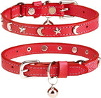 Leather Cat Collars for Boy Girl Cats with Bell and Safety Elastic Belt, Personalized Star and Moon Stud Adjustable Safe Buckle Collar for Kitty Small Big Cats Size 8-12 Inch, Red