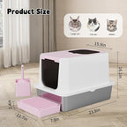 RIZZARI Enclosed Cat Litter Box: Large Top & Front Entry - High-Sided Anti-Scatter Design - Stainless Steel Odor Control - Easy Clean Teflon Non-Stick Coating- Pink Litter Pan - Entryway/Closet Nook