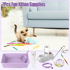 7 Pcs Small Cat Kitten Starter Kit Cat Litter Box with Shovel Paw Litter Mat Double Automatic Kitten Bowls Toy Teaser Stick Collar Essentials Kits for 1-3 Lbs Beginner(Simple,Purple)