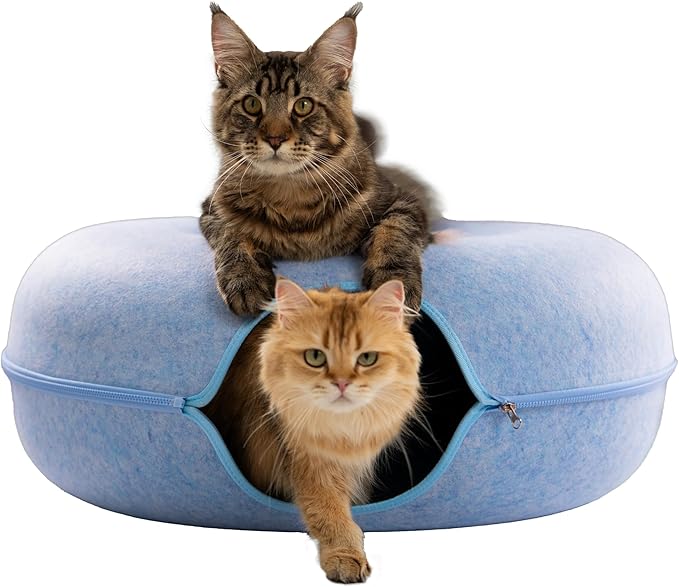 Cattasaurus Peekaboo Cat Cave Donut for Multiple & Large Cats up to 30-45 lbs, 3-in-1 Self Warming Cat Bed, Tunnel & Scratcher for Indoor Cats, Washable & Detachable Small Dog Bed (Blue, Jumbo)
