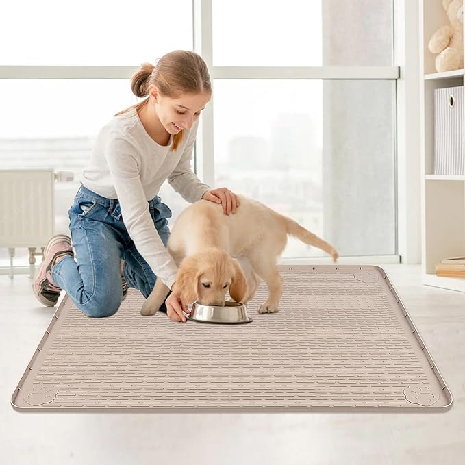 Cat Food Mat, 40" x 28" Extra Large Silicone Pet Feeding Mat with Raised Edge Pet Placemat for Food and Water Bowl Non-Slip, Easy to Clean, Floor Protection (Khaki)