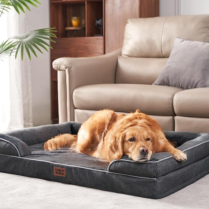 EHEYCIGA Orthopedic XL Dog Beds, Waterproof Memory Foam Dog Bed for Extra Large Dogs, Non-Slip Bottom and Egg-Crate Foam Big Pet Couch Bed with Washable Removable Cover, Dark Grey
