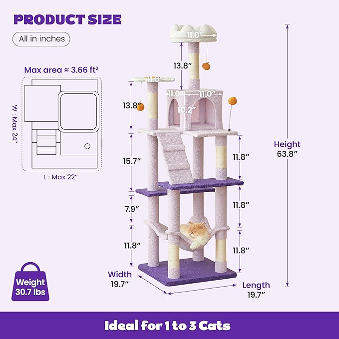 MWPO Flower Cat Tree for Indoor Cats, 63.8 Inches Multi-Level Cat Tower with Sisal-Covered Scratching Posts, Padded Platform, Hammock, Dangling Toys, Stable Cat Condo Pet Play House