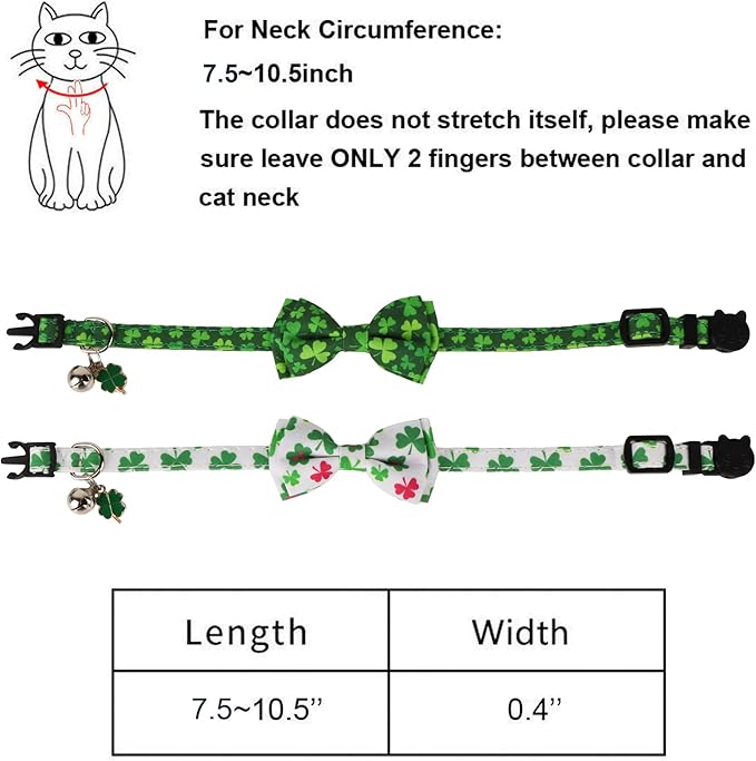 ADOGGYGO St. Patrick's Day Cat Collars with Bow Bell, Green Shamrock Pattern Kitten Collar with Removable Bowtie, Pet St Patricks Collars for Cats Kittens (St. Patrick's Day)