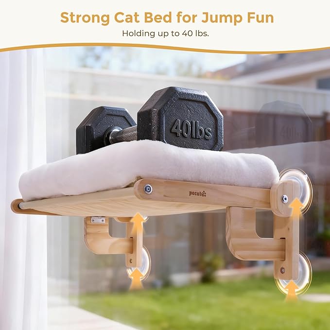 Pecute Foldable Cat Window Perch, Cloud-Soft Cat Bed with Solid Wood Frame, Strong Suction Cup, Washable Cushion, Stable Large Cats Hammock with Sided Bolster, Cats Perch Indoor for Sunbathing, White