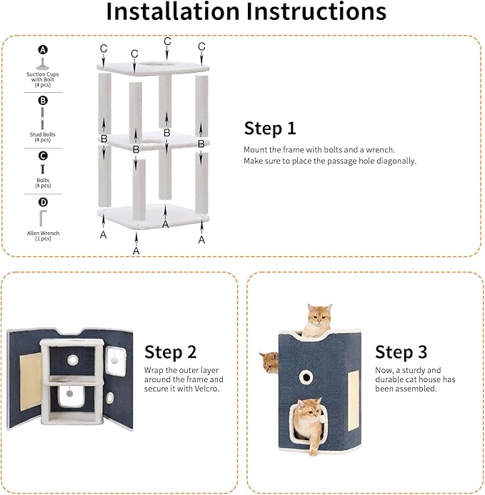 Cat House, Cat Beds for Indoor Cats, 2-Story Cat Condo Cube with Scratch Pad and Fluffy Ball Hanging, Multi-Level Cozy Hideout Ideal for Multiple Cats