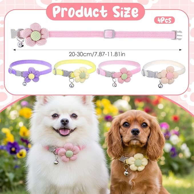 4Pcs Cat Collar Breakawayr, Cute Cotton Kitten Collar with Bell Adjustable Pink Cat Collar Safety Buckle Flower Cats Collar for Girl Boy Little Dog