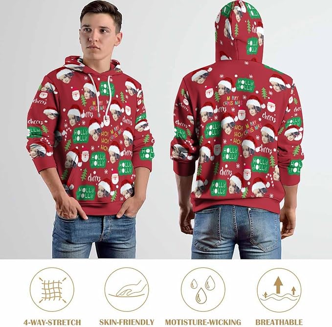 Artsadd Custom Face Unisex athletic Pockets Sweatshirt Loose Hoodie Custom Christmas Long Sleeve Sweatshirt Hooded Pullover
