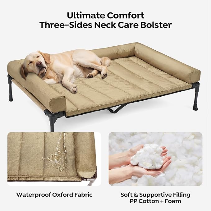 Veehoo Cooling Elevated Dog Bed Add Removable Waterproof Bolster Cushion Mat, Raised Pet Cot with Breathable Teslin Mesh, No-Slip Feet, Dog Couch Bed for Indoor Outdoor, 53 inches, Beige Coffee