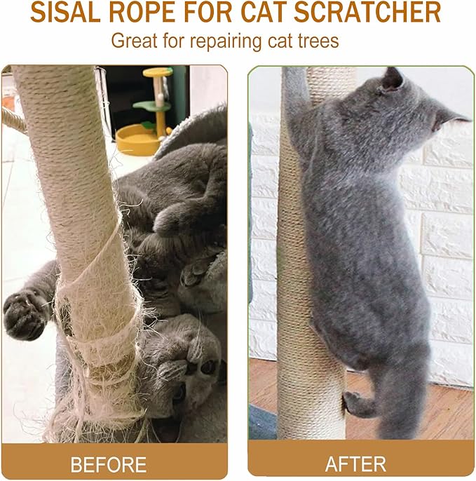 Sisal Rope for Cat Scratcher,Rope for Cat Scratch Post 4mm 164F Jute Twine for Scratching Post Repairing, Recovering or DIY