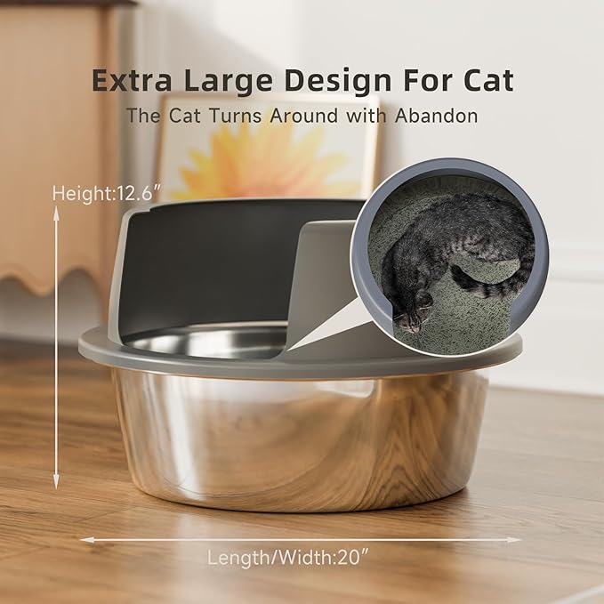 Round High-Sided Stainless Steel Cat Litter Box,Stainless Steel Litter Box with Lid,Extra Large Box,Easy-to-Clean Metal Litter Pan for Cats