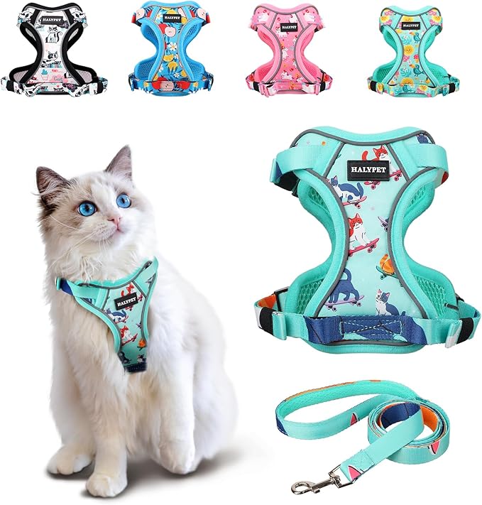 Halypet Cat Harness and Leash Set[MAX Safety 4th-Gen] Cute Escape Proof Vest Harness for Girl&Boy Cat Walking, Comfortable Adjustable Leash and Reflective Strips for Outdoor Kitten, S Purrfect Green