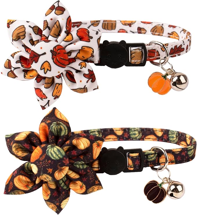 ADOGGYGO Thanksgiving Cat Collars with Removable Flower Bell, Adjustable Thanksgiving Fall Pumpkin Floral Collars for Girl Cats & Kittens