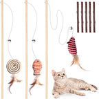 Cat Toys for Indoor Cats - 3pcs 16 Inch Natural Wood Teaser Wand With Refills for Kitten Exercise and Play - Bonus 5pcs Catnip Sticks for Teeth Cleaning