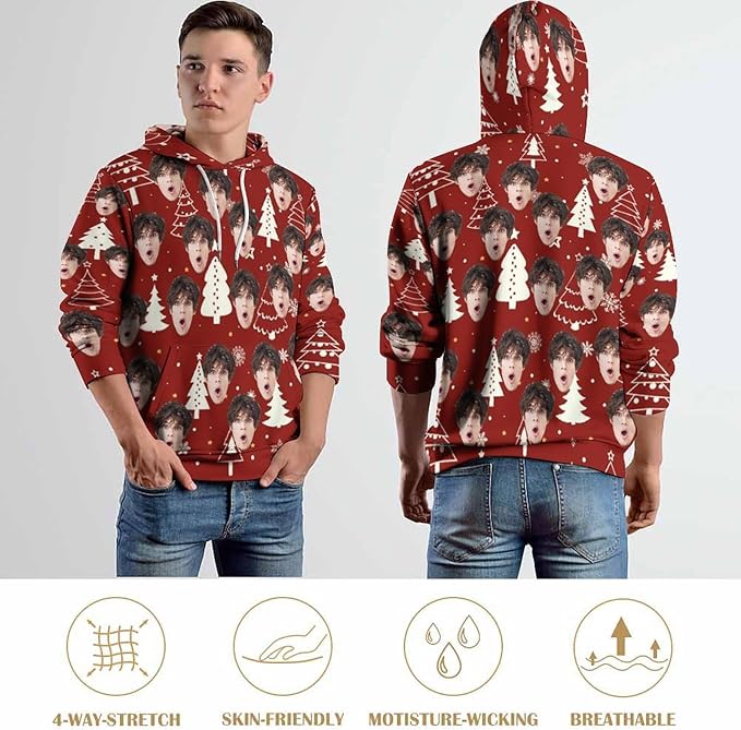 Artsadd Custom Face Unisex athletic Pockets Sweatshirt Loose Hoodie Custom Christmas Long Sleeve Sweatshirt Hooded Pullover