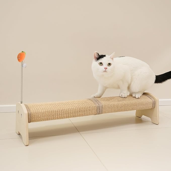 PETKARAY Horizontal Scratching Post, 30" Sisal Cat Scratch Pad, Large Floor Mounted Cat Scratcher with Spring Toy, Protect Furniture for Indoor Kitten