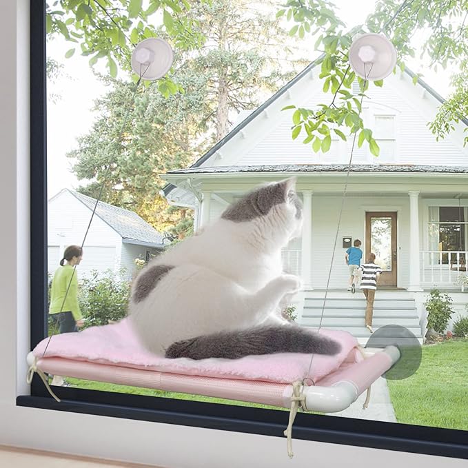 ZALALOVA Cat Window Perch, Pink Cat Hammock Window Seat Free Fleece Blanket for Female 2025 Latest Screw Suction Cups Extra Large Sturdy Bed Resting Indoors (One Extra Suction Cup)