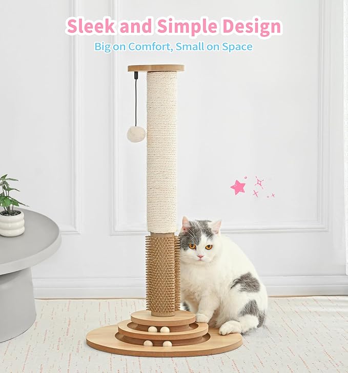 Made4Pets Cat Scratching Post Premium Sisal Cat Scratcher Kitten Toys for Indoor Kittens 28.3" Tall Cat Tower Scratch Post Cat Tree Wooden Interactive Ball Track Cat Toy with Hanging Ball, Beige