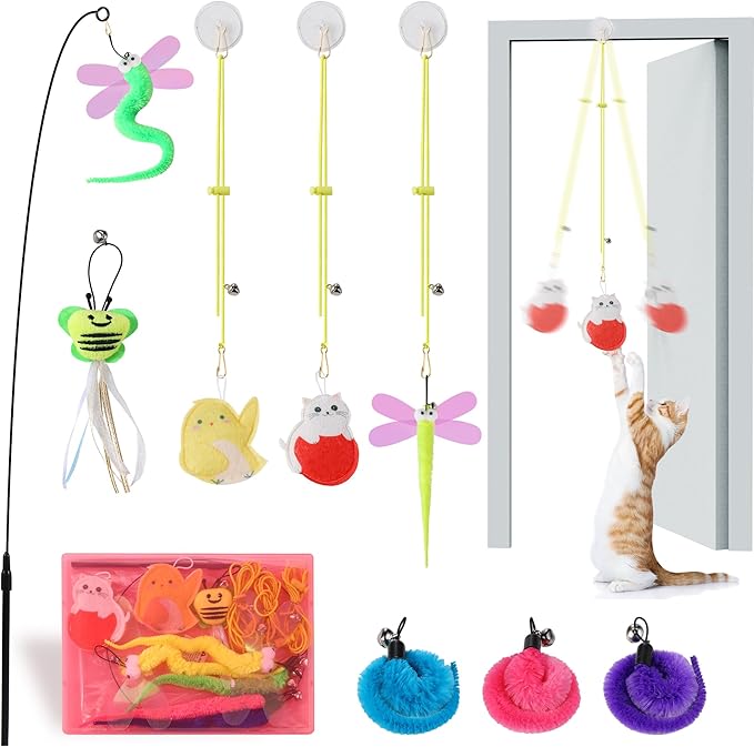 Interactive Cat Toys, 1 Interactive Wand, 8 Assorted Teaser Refills and 3 Indoor Cat Hanging Interactive Toy Suitable for Bored Adult Cats and Kittens Play Chase Exercise