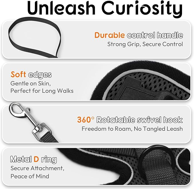 Dooradar Cat Harness and Leash Set, Escape Proof Safe Adjustable Kitten Vest Harnesses for Walking, Easy Control Soft Breathable Mesh Jacket with Reflective Strips for Cats, Black, XXS
