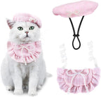 HOWWFALY 2PCS Cat Beret Hat with Pearl Bowtie, Adjustable Bandana Scarf Set Pet Princess Costume for Halloween Christmas, Cat Dog Birthday Party Apparel (Pink Pearl)