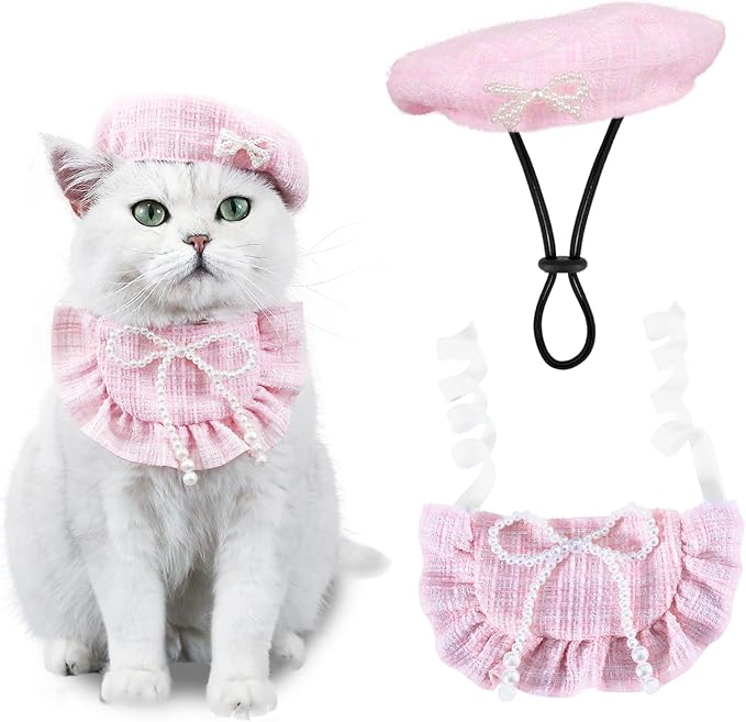 HOWWFALY 2PCS Cat Beret Hat with Pearl Bowtie, Adjustable Bandana Scarf Set Pet Princess Costume for Halloween Christmas, Cat Dog Birthday Party Apparel (Pink Pearl)