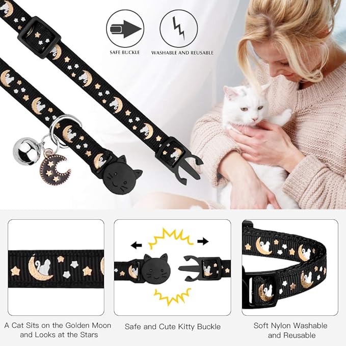 2Pcs Breakaway Cats Collars Cat Collars for Boy & Girl Cats Moons Adjustable Kitten Collars with Bell & Pendant Glow in The Dark,Black+Pink