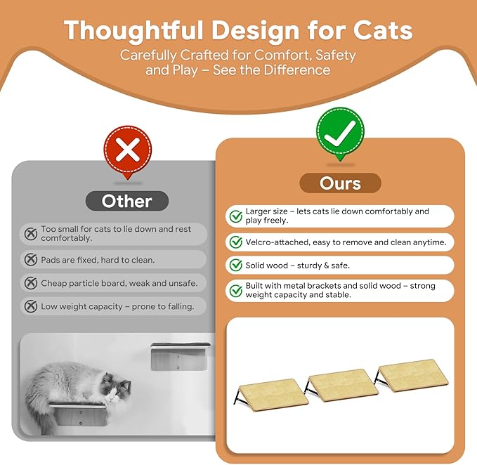3Pcs 14"×8" Large Cat Wall Shelves - Wall Mounted Cat Shelves, Natural Wood with Fixtures for Large Cats and Kittens for Household Pets Sleeping, Playing, Climbing