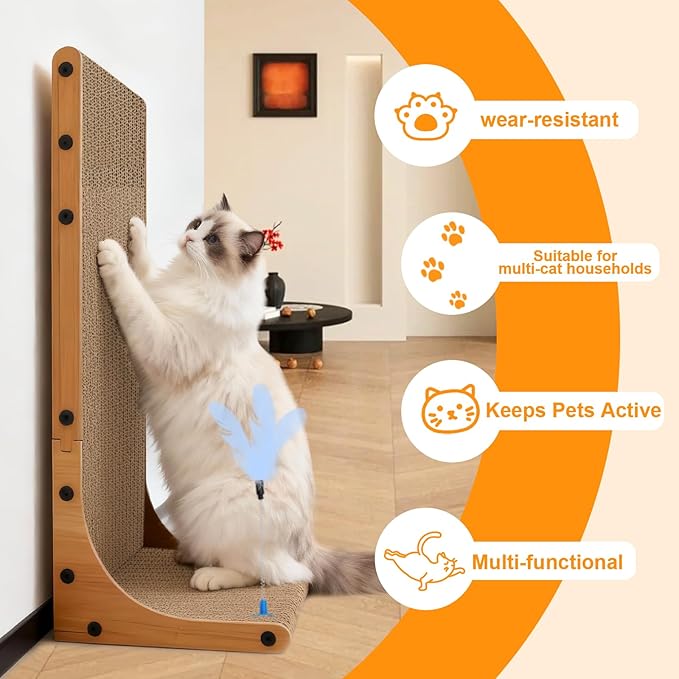 Cat Scratching Post, 3-in1 Scratching Board for Indoor Cats, 2PK 22in L-Shaped Cat Scratcher with 1PK Cardboard Box Scratch Pad, Cats Scratch Furniture Protector with Feathered Toy