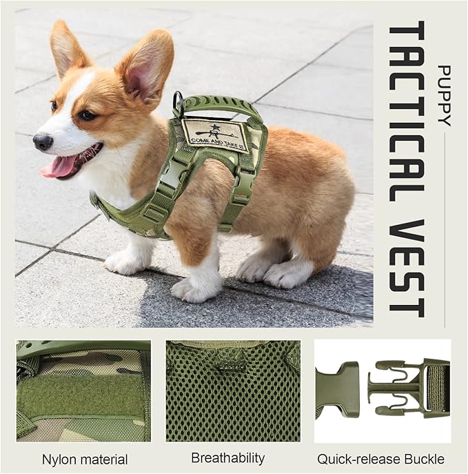 Tactical Dog Training Harness Outdoor Working Vest Adjustable Military MOLLE Dog Vest Harness with Rubber Handle (X-Small (Pack of 1), Camo)