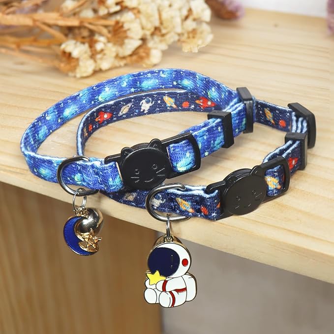 Cat Collar Breakaway, 2 Pack Cotton Cats Collars with Bells, Cute Astronaut Shaped for Girl Boy Kittens